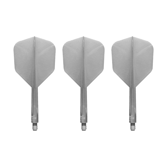 Das Bild zeigt drei silberne Dartflights mit Schäften der Marke Condor AXE Metallic Flight-System Pearl Silver in der Größe Small. Die Flights sind nebeneinander auf weißem Hintergrund angeordnet.