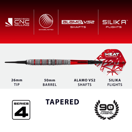Das Bild zeigt die Harrows Damon Heta Series 4 Softdarts. Diese Softdarts sind für Fans und Spieler von hoher Qualität.