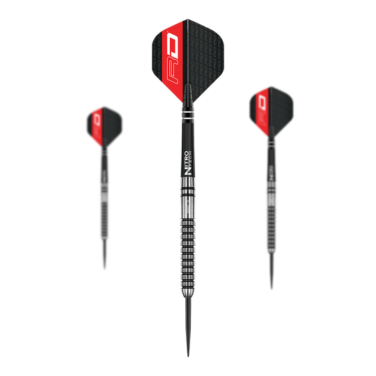Red Dragon Gian Van Veen Steeldarts - 21g Das Bild zeigt drei Steeldarts des Modells "Red Dragon Gian Van Veen" mit einem Gewicht von 21g. Die Pfeile haben schwarze und rote Flights sowie silberne, gerillte Barrels.