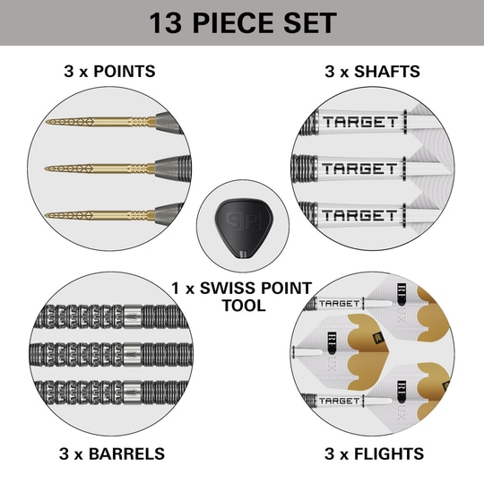 Das Bild stellt die Target Redux 01 Swiss Point Steeldarts dar. Diese Steeldarts besitzen eine spezielle Swiss Point Spitze.