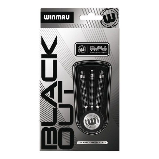 Das Bild zeigt die Winmau Blackout Variante 1 Steeldarts. Diese Steeldarts sind aus Tungsten gefertigt und für Präzision entwickelt.
