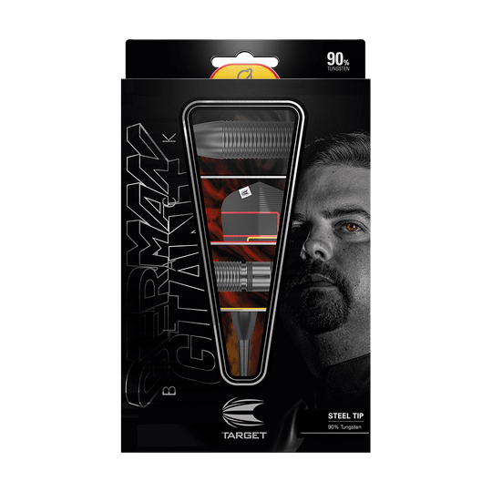 Auf dem Bild ist eine Verpackung für Steeldarts der Marke Target zu sehen. Die Packung zeigt einen Dartpfeil und das Gesicht eines Mannes im Hintergrund.