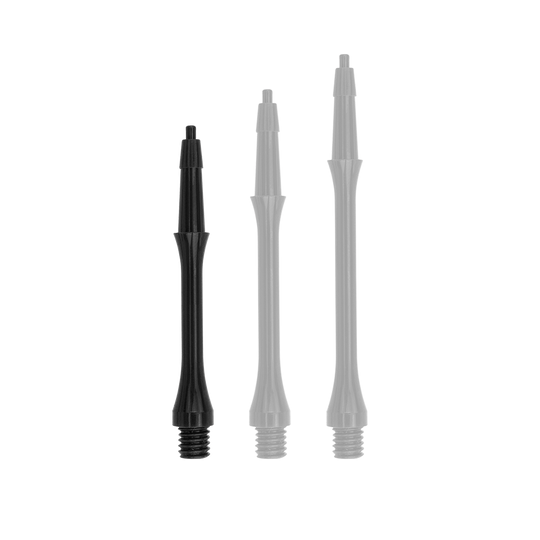 Das Bild zeigt drei schwarze Harrows Clic Slim Shafts für Dartpfeile. Sie sind in verschiedenen Längen angeordnet und haben ein schlankes Design.