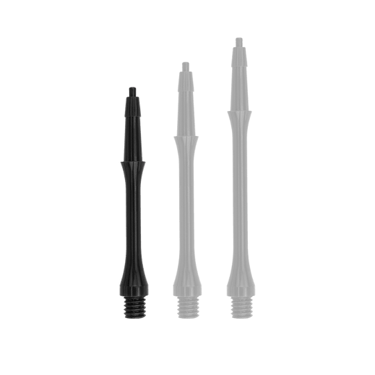 HRC-12602_Harrows_Clic_Slim_Shafts_Black_23mm_1 Das Bild zeigt drei schwarze Harrows Clic Slim Shafts für Dartpfeile. Sie sind in verschiedenen Längen angeordnet und haben ein schlankes Design.