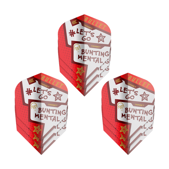 Das Bild zeigt drei Sets der "Target Pro Ultra Stephen Bunting Mental No6 Flights" für Darts. Die Flights sind rot-weiß gestaltet und tragen Aufschriften wie "#LET'S GO" und "BUNTING MENTAL."
