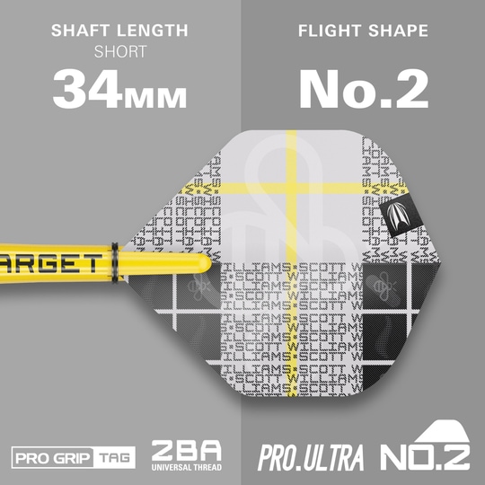 Target Scott Williams GEN2 soft darts - 18g Das Bild zeigt das Produkt "Target Scott Williams GEN2 Softdarts - 18g" mit einem kurzen Schaft von 34 mm. Die Flight-Form ist No. 2 und das Design ist in Gelb, Weiß und Schwarz gehalten.