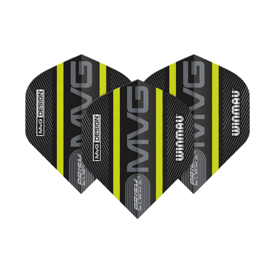 Das Bild zeigt drei Winmau Prism Alpha MvG Green Standard Flights für Darts. Die Flights sind schwarz mit grünen Streifen und silberner Aufschrift.