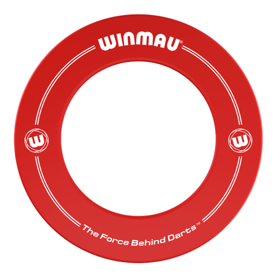 Das Bild zeigt einen roten Dartboard-Surround-Ring der Marke Winmau. Auf dem Ring steht der Slogan „The Force Behind Darts™“.