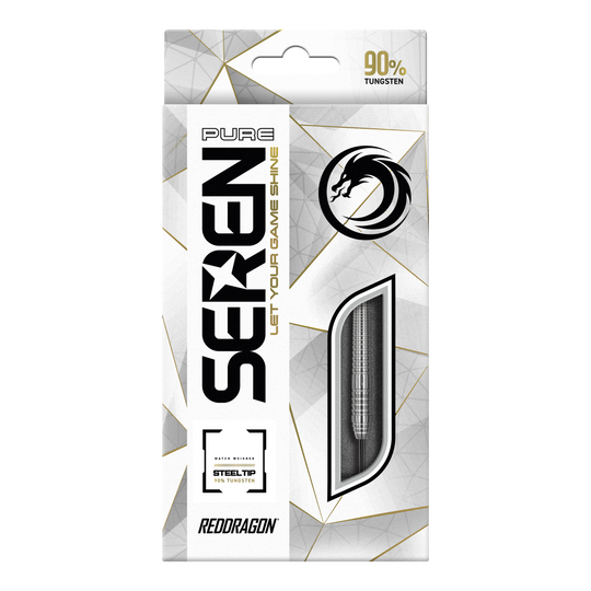 Die Abbildung zeigt die Verpackung der "Red Dragon Seren 2 Pure Steeldarts". Auf der Verpackung steht, dass die Darts aus 90% Tungsten bestehen.