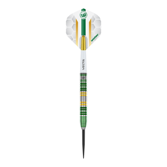 Winmau Xenon Steeldarts Das Bild zeigt einen Winmau Xenon Steeldart mit einer weißen, grünen und goldenen Gestaltung. Der Dartpfeil hat einen markanten Ringgriff und eine spitze Metallspitze.