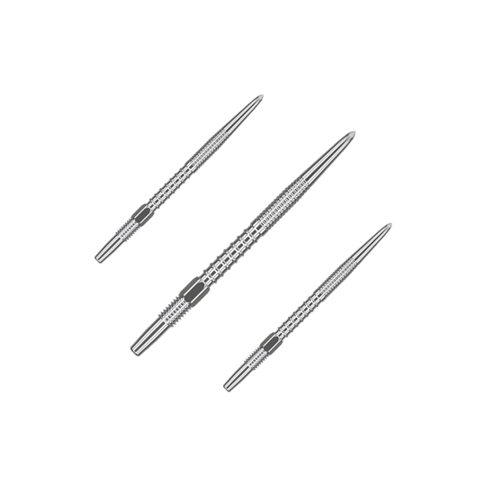 Target Swiss Firepoint Silver dart tips Das Bild zeigt drei silberne Dartspitzen, die nebeneinander angeordnet sind. Sie sind länglich und haben eine feine Riffelung für besseren Halt.