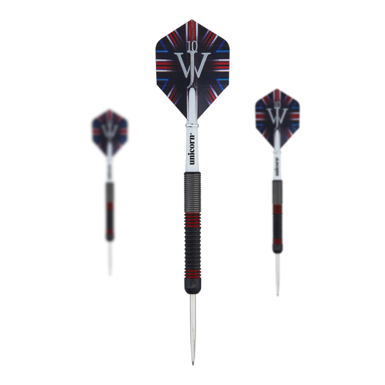 Das Bild zeigt drei Steeldarts des Produkts "Unicorn The Machine James Wade 80%". Die Darts haben schwarze und rote Details sowie Flights mit einem auffälligen Design und dem Schriftzug "JW".