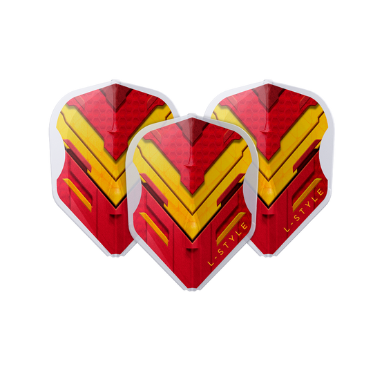 Das Bild zeigt drei Dart-Flights mit einem auffälligen roten und gelben Muster. Auf den Flights steht in gelber Schrift "L-STYLE".