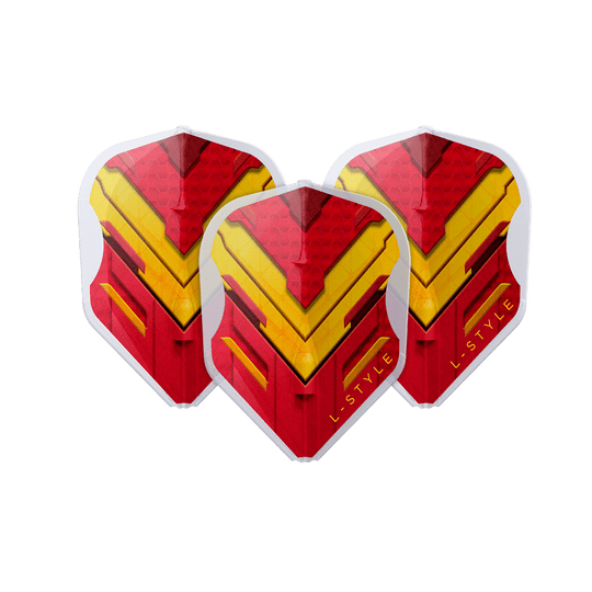 L-Style V-Series V1 Type A Spain Clear White L3EZ Flights Das Bild zeigt drei Dart-Flights mit einem auffälligen roten und gelben Muster. Auf den Flights steht in gelber Schrift "L-STYLE".