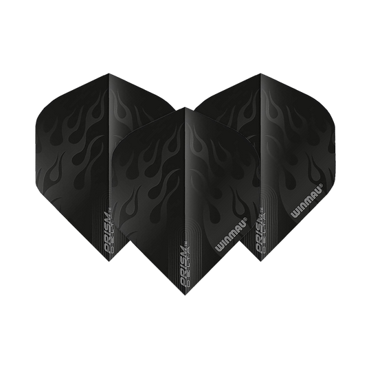6915-202_Winmau_Prism_Delta_6915-202_Standard_Flights_1wnxHjIB9jzHaM Das Bild zeigt drei schwarze Dart-Flights des Modells "Winmau Prism Delta 6915.202 Standard". Die Flights haben ein Flammenmuster und das Winmau-Logo ist darauf zu sehen.