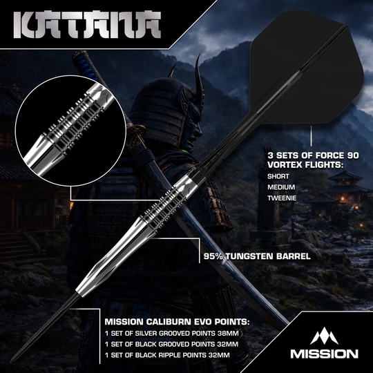 Mission Katana Steel Darts Mission Katana Steeldarts werden präsentiert. Das Foto zeigt das Produkt detailliert für eine bessere Ansicht.