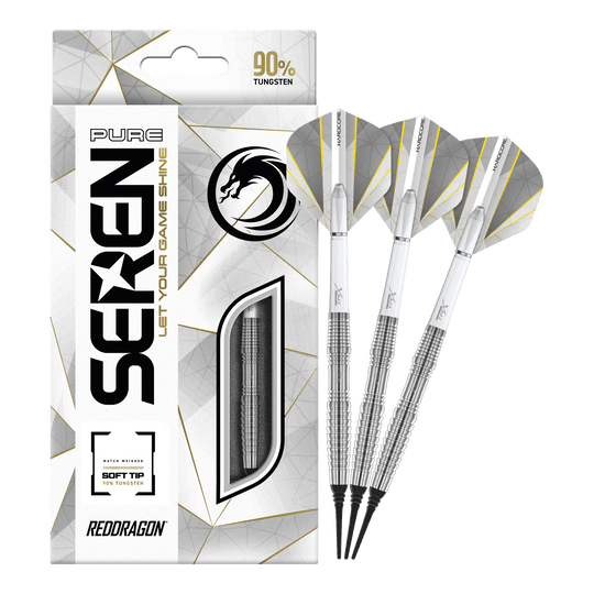 Red Dragon Seren 3 Pure Softdarts - 20g Das Bild zeigt die Red Dragon Seren 3 Pure Softdarts mit 20g Gewicht. Die Verpackung hebt hervor, dass die Darts zu 90% aus Tungsten bestehen.