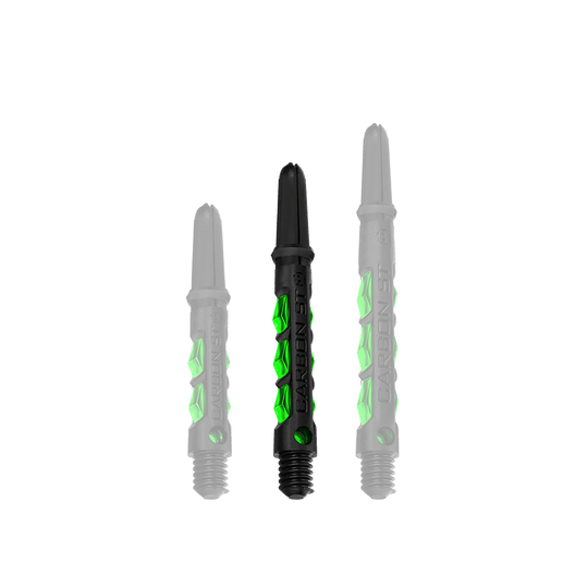 HR423_Harrows_Carbon_ST_Shafts_Gr-n_40mm_1 Das Bild zeigt drei Harrows Carbon ST Shafts in der Farbe Grün. Die Dartschäfte sind aus schwarzem Material mit grünen Akzenten gestaltet.
