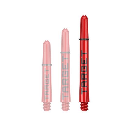 Auf dem Bild sind drei rote Dart-Schäfte in unterschiedlichen Längen zu sehen. Auf jedem Schaft steht das Wort "TARGET" in schwarzen Buchstaben.