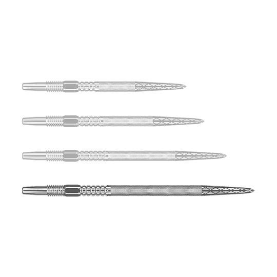 Target Swiss Point DX dart tips - Silver Auf dem Bild sind vier silberne Dartspitzen in einer Reihe zu sehen. Die Spitzen haben ein geriffeltes Muster und eine spitz zulaufende Form.