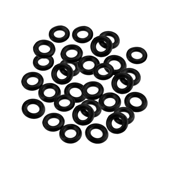 Auf dem Bild sind mehrere schwarze Harrows Clic O-Rings zu sehen. Sie sind kreisförmig und liegen lose auf einer Fläche verteilt.