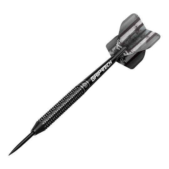 GOAT Sprocket Tungsten Steel Darts Das Bild zeigt einen GOAT Sprocket Tungsten Steeldart. Der Dartpfeil hat ein schwarz-silbernes Design mit der Aufschrift "GRIPTECH" auf dem Schaft.