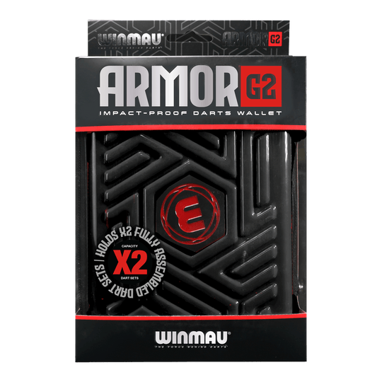 Dies ist eine schwarze, stoßfeste Darttasche der Marke Winmau namens "Armor G2". Sie bietet Platz für zwei komplett montierte Dart-Sets.