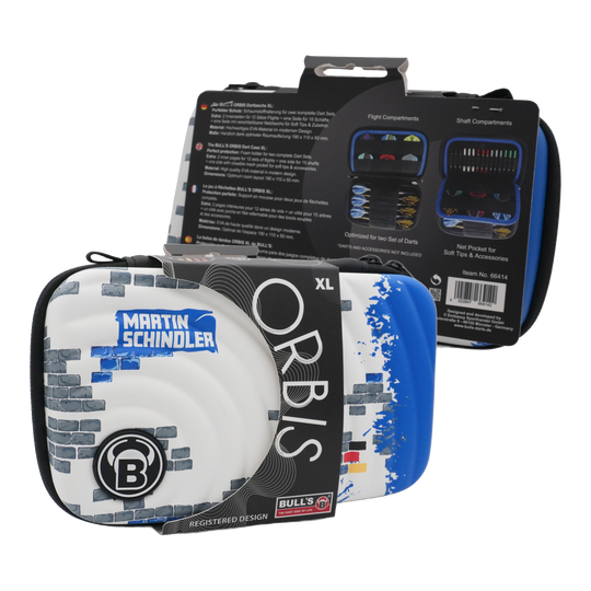 Das Bild zeigt das Produkt "Bulls Orbis XL Martin Schindler Dartcase". Das Dartcase ist weiß mit blauen und grauen Designelementen und bietet Platz für zwei Dart-Sets.