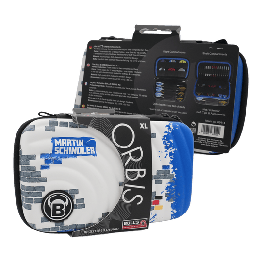 Bulls Orbis XL Martin Schindler dart case Das Bild zeigt das Produkt "Bulls Orbis XL Martin Schindler Dartcase". Das Dartcase ist weiß mit blauen und grauen Designelementen und bietet Platz für zwei Dart-Sets.