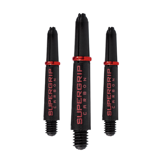 HR357_Harrows_Supergrip_Carbon_Shafts_Rot_33mm_12Lghz75QyQAGv Das Bild zeigt drei schwarze Harrows Supergrip Carbon Shafts mit rotem Schriftzug und roten Ringen. Die Dartschäfte sind in verschiedenen Längen abgebildet.