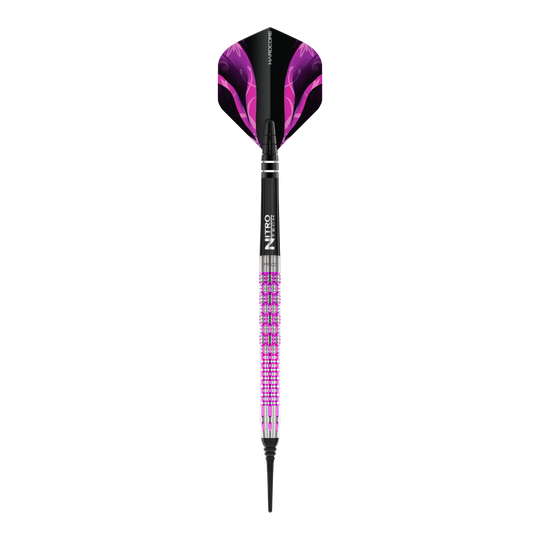Red Dragon Tyrian Soft Darts - 22g Auf dem Bild ist der Red Dragon Tyrian Softdart mit einem Gewicht von 22g zu sehen. Der Dart hat ein auffälliges Design mit lila und pinken Akzenten.