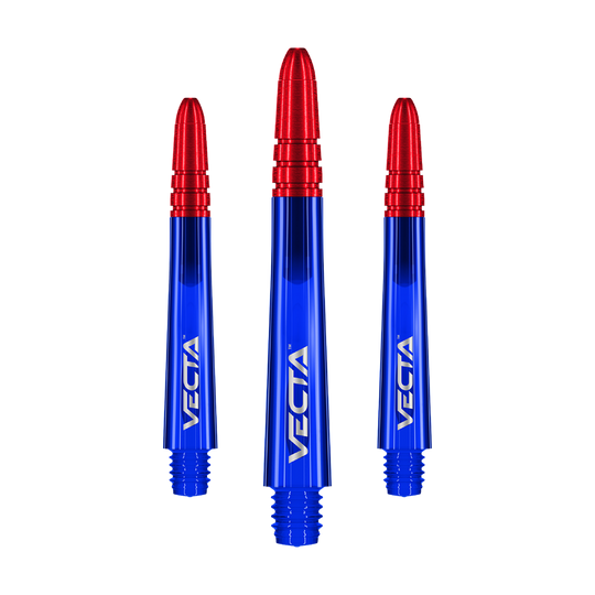 Winmau Vecta Shafts - Blue Red Auf dem Bild sind drei Dartschäfte in leuchtendem Blau mit roten Spitzen zu sehen. Auf jedem Schaft steht das Wort "VECTA" in weißer Schrift.