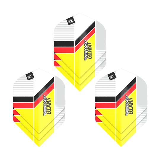 Das Bild zeigt drei Sets von Target Pro Ultra Gabriel Clemens No2 Standard Flights. Die Flights sind in den Farben Gelb, Rot, Schwarz und Weiß gestaltet und tragen den Schriftzug "German Giant".