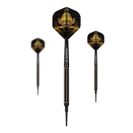 Mission Scorpion soft darts - 19g Das Bild zeigt drei Softdarts des Produkts "Mission Scorpion Softdarts - 19g". Die Flights der Darts sind schwarz mit einem auffälligen gelben Skorpion-Motiv gestaltet.