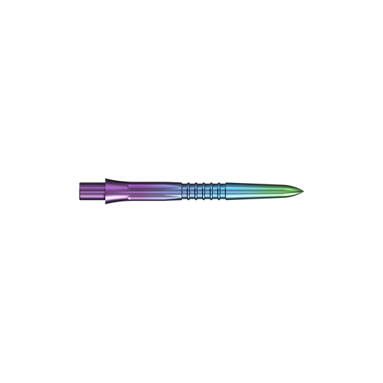 Mission Caliburn EVO dart tips GV1 - Rainbow Eine bunte Steeldartspitze mit Rainbow-Finish wird dargestellt. Die Spitze ist schlank und schimmert in mehreren Farben.