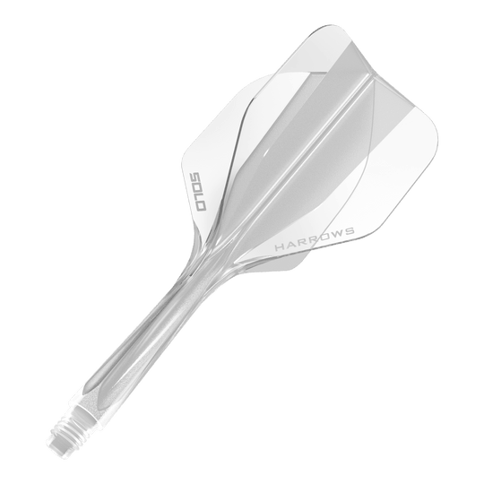 Dieses Bild zeigt das Harrows Solo No6 Flight-Shaft-System in Clear. Es wird als Ersatzteil für Dartpfeile genutzt.