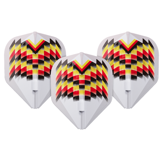 L-Style Gabriel Clemens V2 Clear White Signature Champagne L1EZ Flights Das Bild zeigt drei weiße Dartflights mit einem auffälligen Muster in Schwarz, Rot und Gelb. Das Design erinnert an die Farben der deutschen Flagge und ist symmetrisch angeordnet.