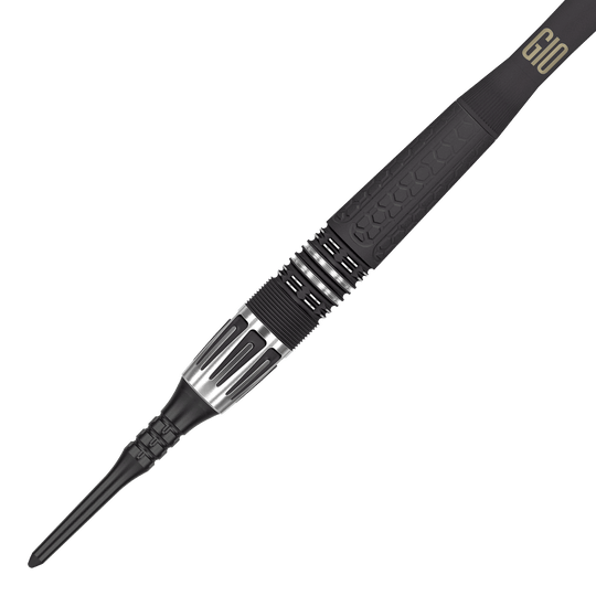 Target Phil Taylor Power 9Five GEN10 soft darts Das Bild zeigt einen modernen Softdartpfeil mit schwarzem und silbernem Design. Auf dem Griffstück steht die Aufschrift "G10".