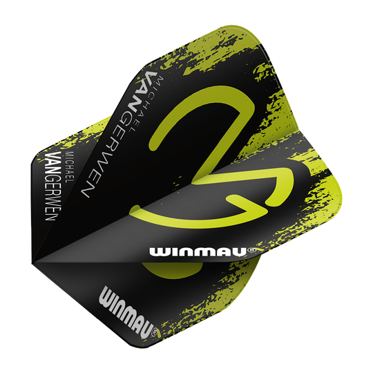 Das Bild zeigt ein Dart Flight mit dem Namen "Winmau Mega MvG Green Black Standard Flights". Das Flight ist schwarz mit grünen Akzenten und trägt den Schriftzug "Michael van Gerwen" sowie "Winmau".
