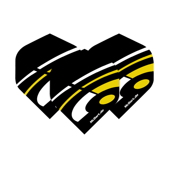 McDart ID Standard Flights - Yellow Das Bild zeigt drei McDart ID Standard Flights in der Farbe Gelb. Die Flights haben ein schwarzes Design mit weißen und gelben Akzenten sowie dem Schriftzug "McDart.de".