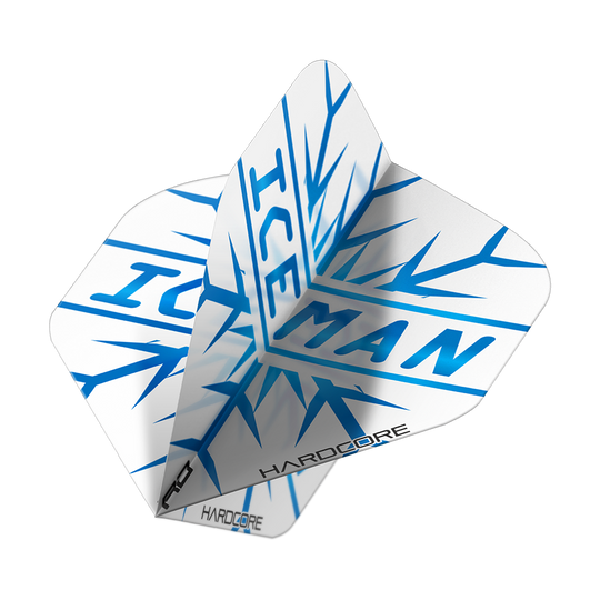 Das Bild zeigt ein Set von Dartflights mit der Aufschrift "ICEMAN" in blau. Die Flights sind überwiegend weiß und haben ein auffälliges Eismuster-Design.