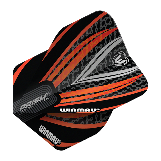 Das Bild zeigt ein Winmau Prism Delta Flight in den Farben Schwarz, Weiß und Orange. Das Flight hat ein modernes, auffälliges Muster mit dem Winmau-Logo und Schriftzug.