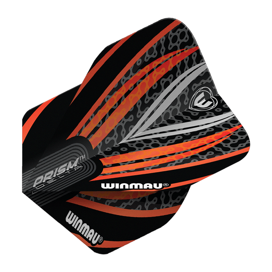 Winmau Prism Delta Black White Orange No. 2 Standard Flights Das Bild zeigt ein Winmau Prism Delta Flight in den Farben Schwarz, Weiß und Orange. Das Flight hat ein modernes, auffälliges Muster mit dem Winmau-Logo und Schriftzug.