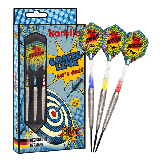 Das Bild zeigt die Karella Comic Line CL-5 Steeldarts - 21g. Es handelt sich um ein Set moderner Steeldarts mit auffälligem Design.