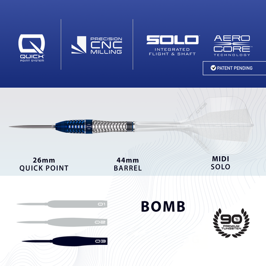 Harrows GEO Bomb Quick Point Steeldarts werden dargestellt. Das Bild zeigt Design und Details dieses Dartprodukts.