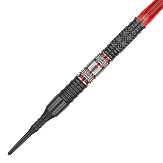 Target Gabriel Clemens 95K soft darts - 19g Das Bild zeigt einen Target Gabriel Clemens 95K Softdart mit einem Gewicht von 19 Gramm. Der Dart hat ein auffälliges Design mit silbernen, schwarzen und roten Elementen.