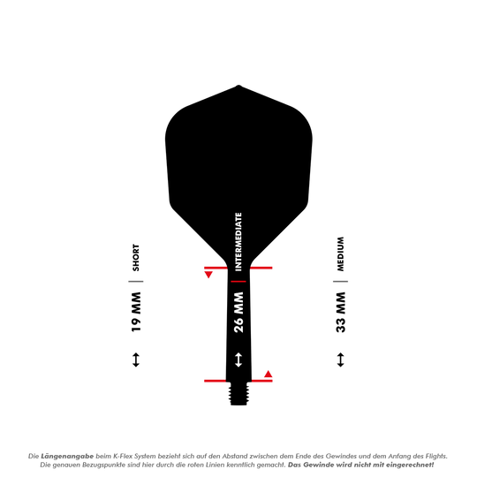 Target K-Flex No2 Standard Flight System - Red Das Bild zeigt eine Dart-Flightschafte mit Längenangaben in Millimetern. Es werden die drei Längen "Short" (19 mm), "Intermediate" (26 mm) und "Medium" (33 mm) dargestellt.