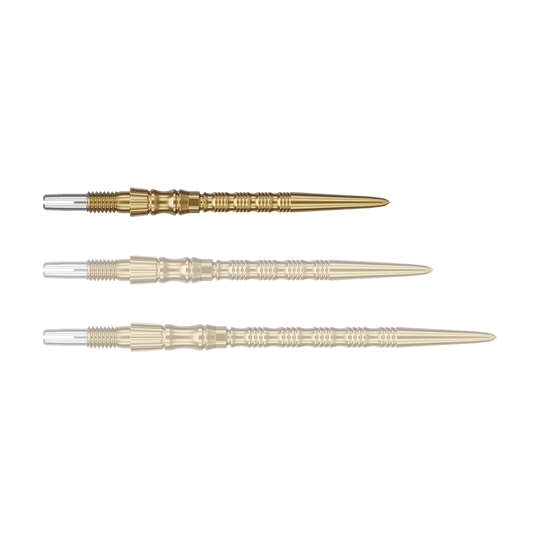 Ein einzelner Target SwissPoint Signature TRB Dartspitze in Gold mit 30mm Länge wird gezeigt. Die Spitze ist detailliert abgebildet.