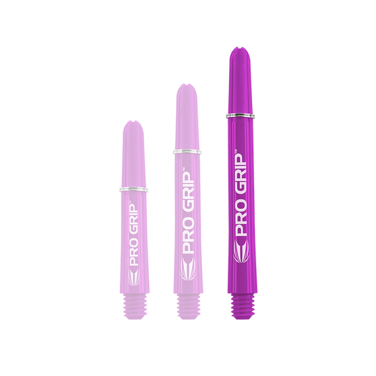 Target Pro Grip Shafts - 3 Sets - Purple Das Bild zeigt drei lilafarbene PRO GRIP Dartschäfte in unterschiedlichen Längen. Sie sind nebeneinander angeordnet und haben jeweils weiße Schrift und Markierungen.
