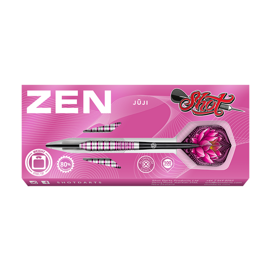 67163_Shot_ZEN_Juji_Steeldarts_3 Die Verpackung zeigt einen Satz Steeldarts mit dem Namen "ZEN Jūji" in einem pinken Design. Auf der Dart-Flügel ist eine rosa Lotusblume abgebildet.